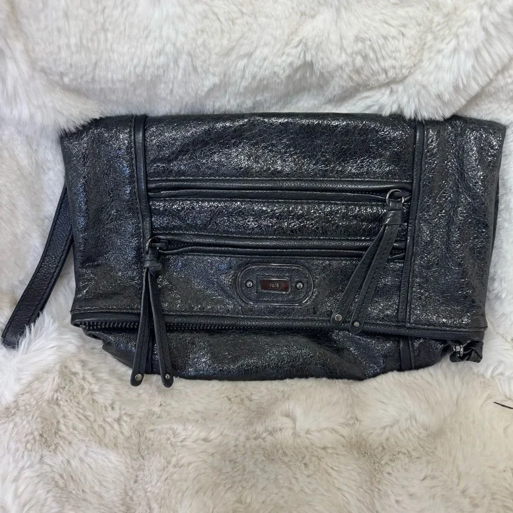 Rafe New York Black Metallic Leather Clutch Wristlet Evening Bag